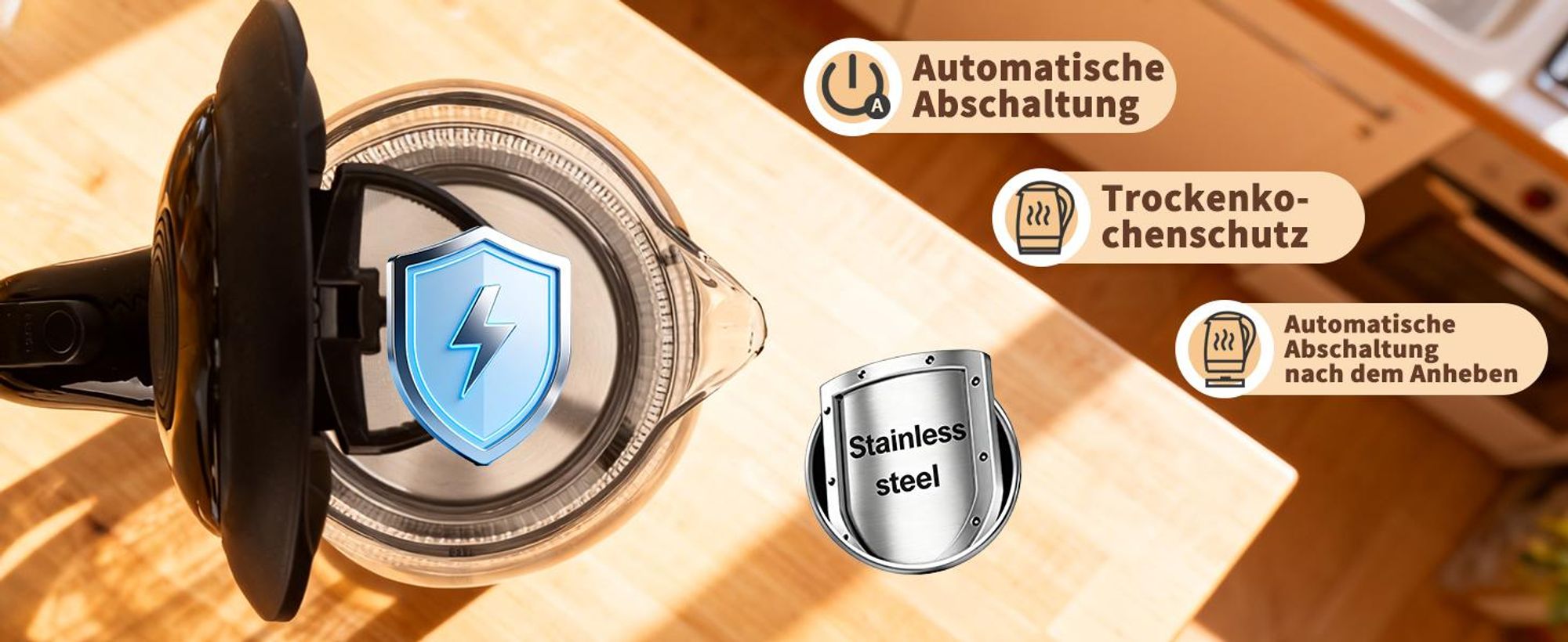 Aigostar 1,7L Wasserkocher Glas, Glaswasserkocher mit LED, 2200W, Wasserkocher Schwarz