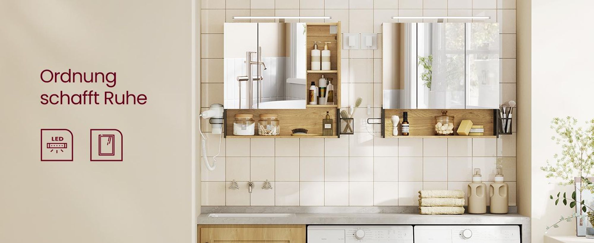 VASAGLE Badezimmerschrank mit 3 Türen, Spiegelschrank, Wandschrank, Stecker, Hängekorb, Haartrockner-Halter, viel Stauraum
