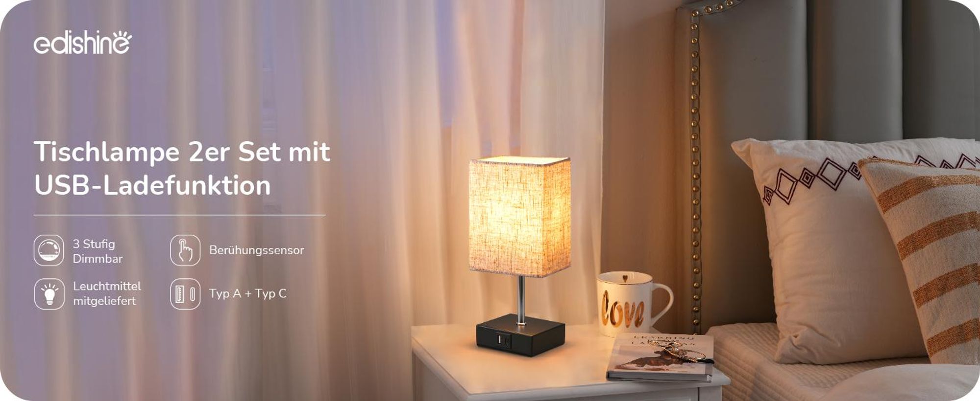 EDISHINE 2 LED Nachttischlampe Touch Dimmbar, mit Ladefunktion & Glühbirne,Tischlampe Schwarz