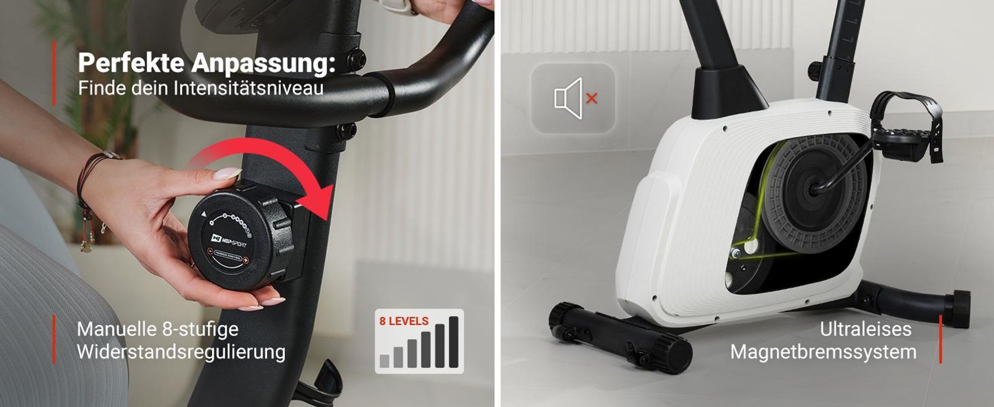 Hop-Sport Heimtrainer HS-3000H Hometrainer Fahrrad mit Magnetwiderstand, LCD-Display, Bluetooth & Kinomap, Pulsmessung, bis 120 kg belastbar, Grau