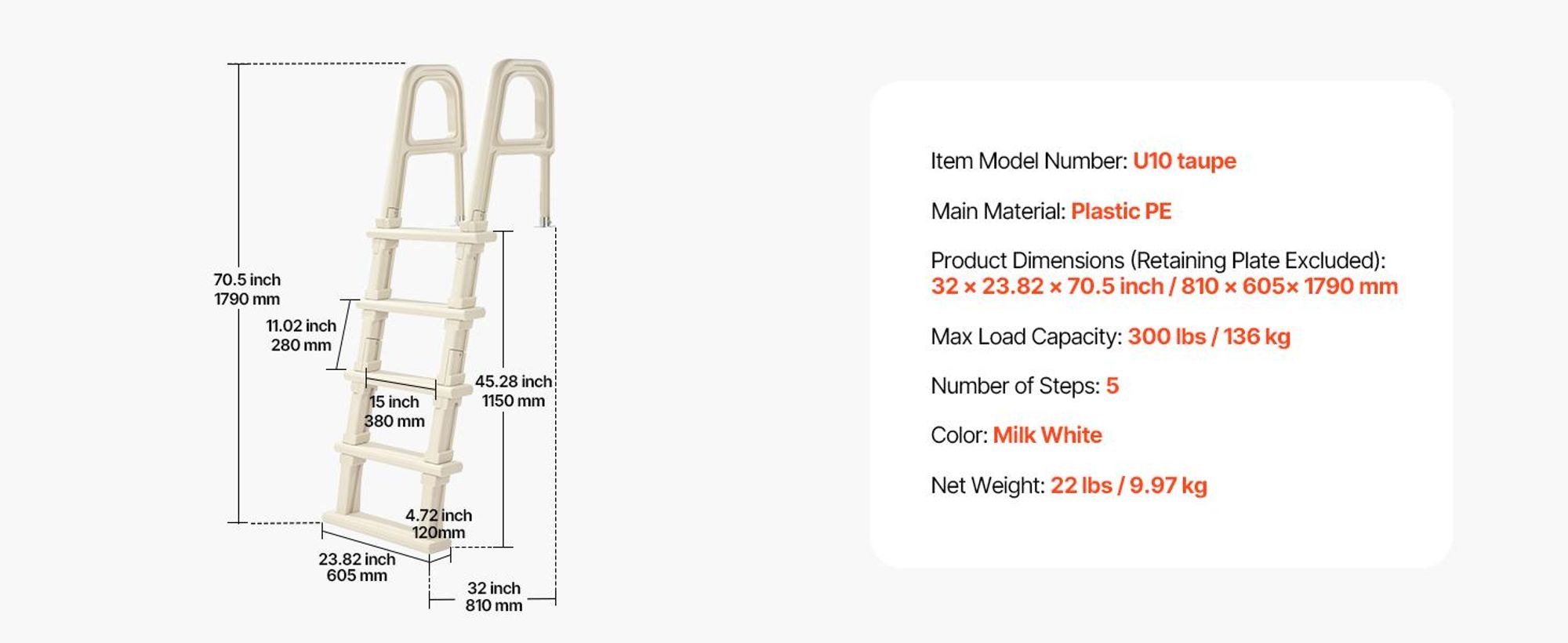 VEVOR Poolleiter, 75° geneigte 5-Stufen-Treppe mit Doppelhandlauf, Pool Einstieg, 136kg Tragkraft, für 122–137cm große eingebaute & oberirdische Pools auf jeder Deckoberfläche im Innen- & Außenbereich