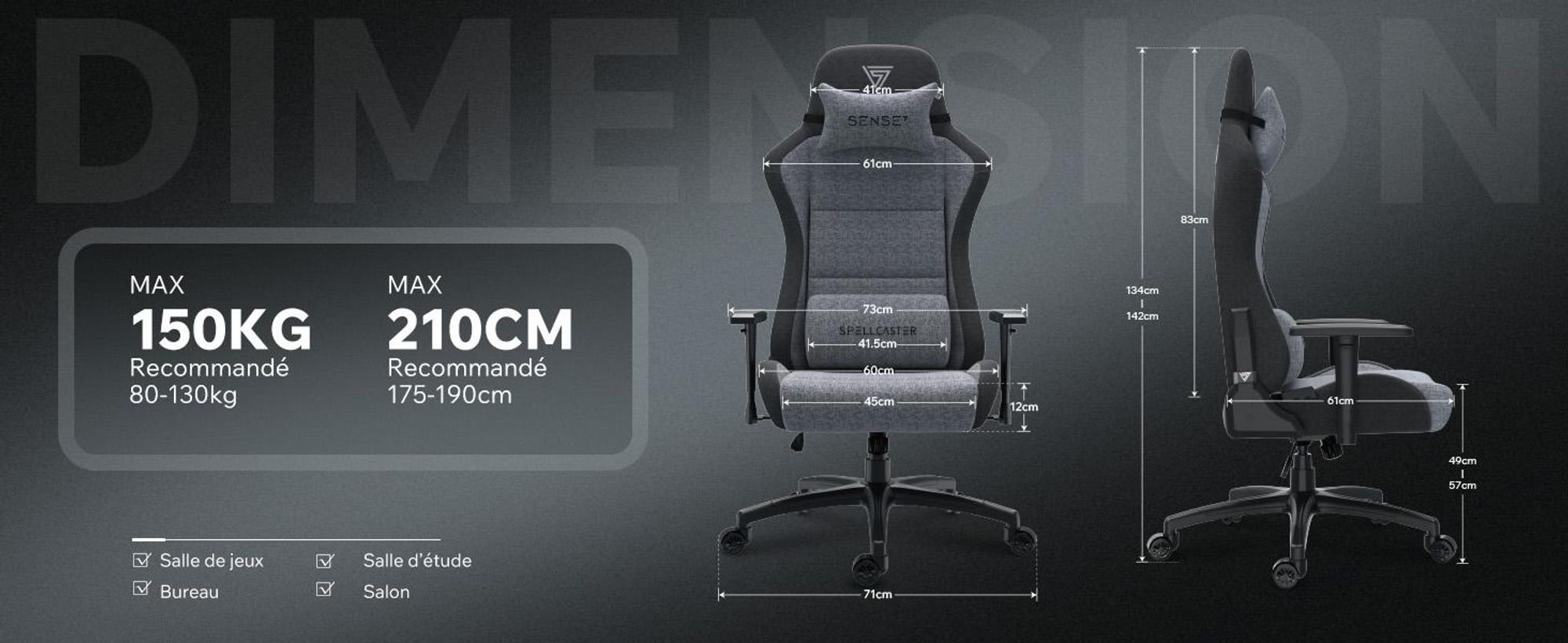 Chaise de gaming SENSE7 Spellcaster FUKU XL, tissu gris et noir - Fauteuil ergonomique pour bureau et ordinateur, supportant jusqu'à 150 kg, avec fonction inclinable, roulettes pour sols durs