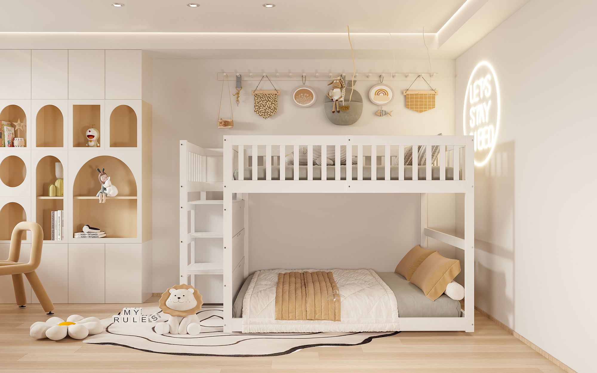 Merax Hochbett 140x200cm Mit LED & Treppe - Kinder Jugendbett Mit Stauraum