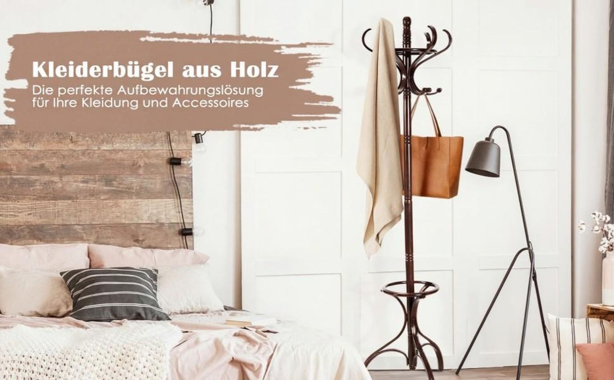 COSTWAY Garderobenständer 182cm, Kleiderständer Holz, Jackenständer mit 12 Haken & Schirmständer, Garderobe Standgarderobe Braun