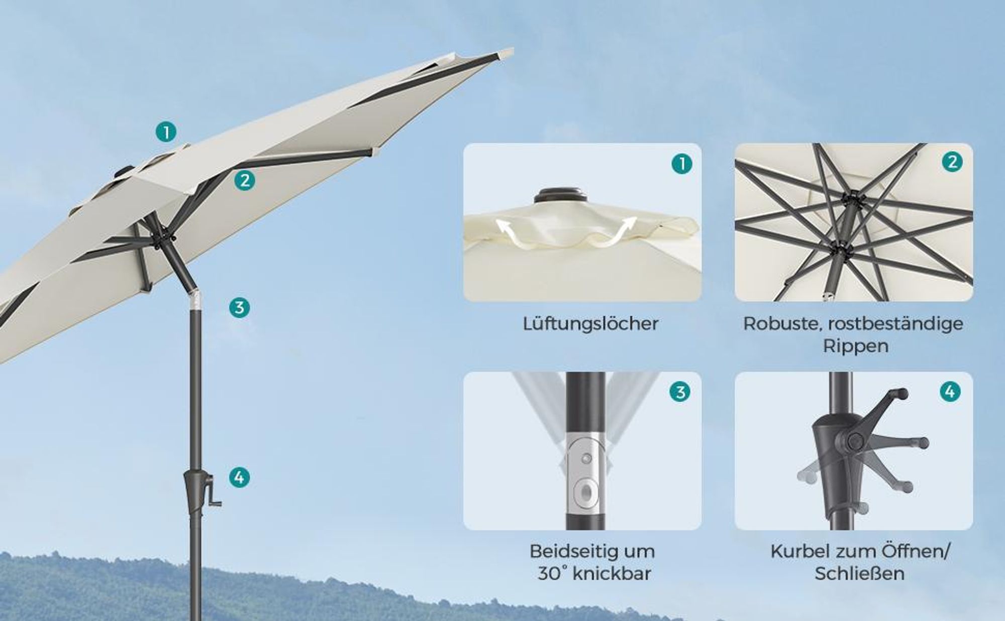 SONGMICS Sonnenschirm Ø340 cm UPF 50+ beidseitig um 30° knickbar