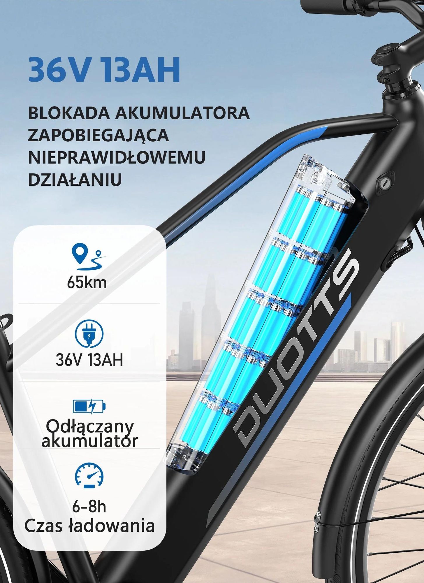 Rower Elektryczny Duotts C29 Lite - Silnik 250W Akumulator 36V13AH Opony 27.5" Hamulec Tarczowy - Niebiesko Czarny