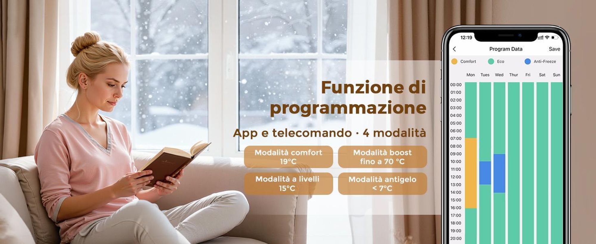 Calentador eléctrico S'AFIELINA con termostato de 1200W, temporizador programable y pantalla LCD, conexión WiFi, para toalleros, acero inoxidable, control inteligente, color blanco
