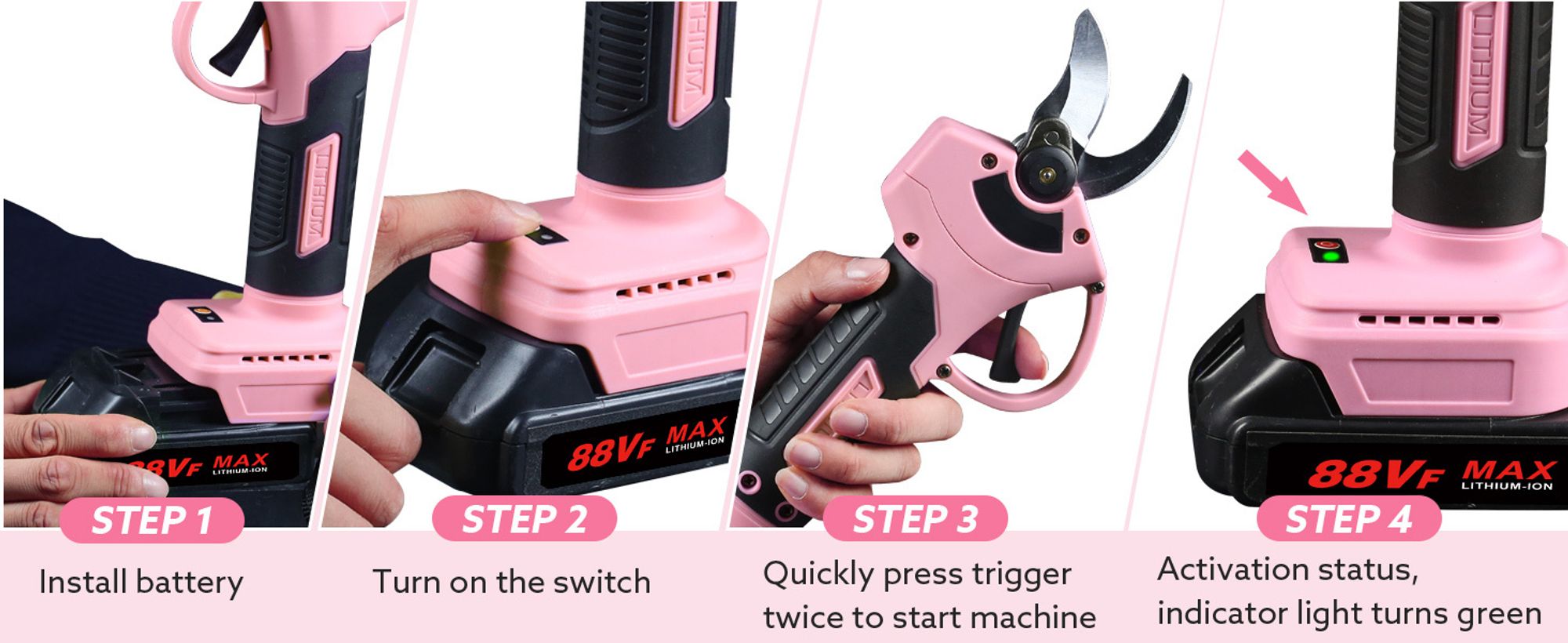 Akku Astschere Elektrische Gartenschere,0-30 mm Schnittdurchmesser,Fortschrittliche Digitalanzeige,mit 2 Batterie, 21V Baumschere,Rosa