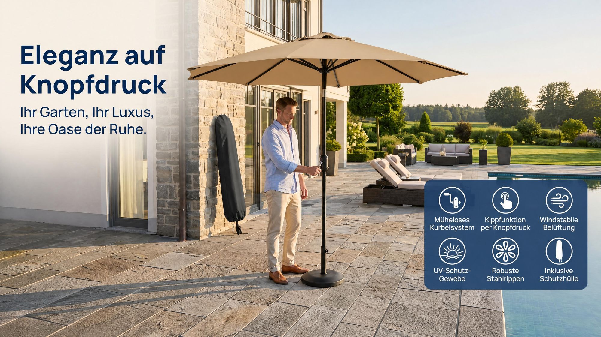 Sonnenschirm Ø2,7m Gartenschirm Terrassenschirm Marktschirm UV50+ wasserabweisend–mit Kurbel & neigbar,8 stabile Streben, Belüftung, inkl. Schutzhülle