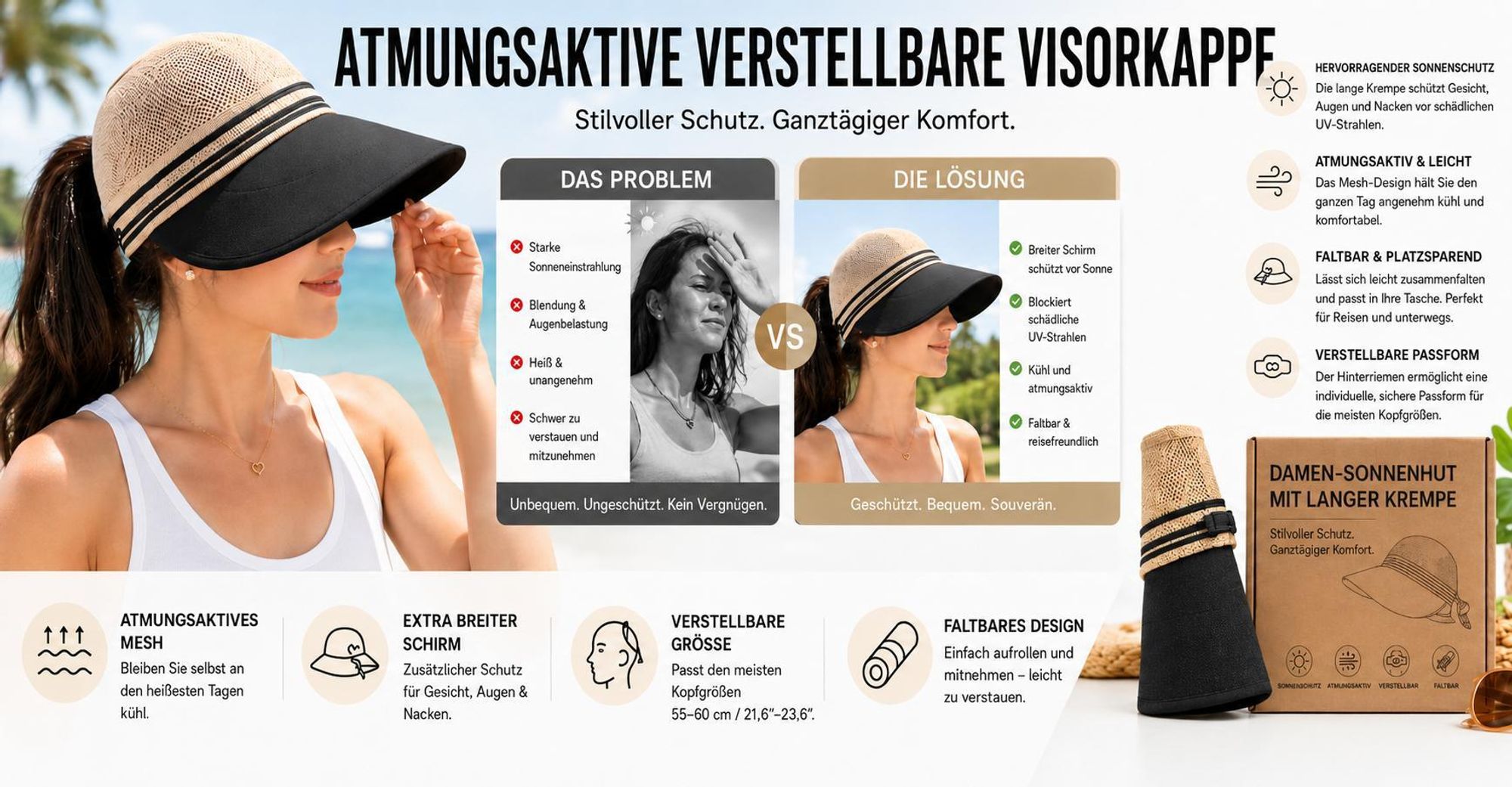Verstellbarer 55–60 cm Damen Sonnenhut, Atmungsaktiver Sommerhut für Damen, Schirmmütze - SUNIHAT Khaki