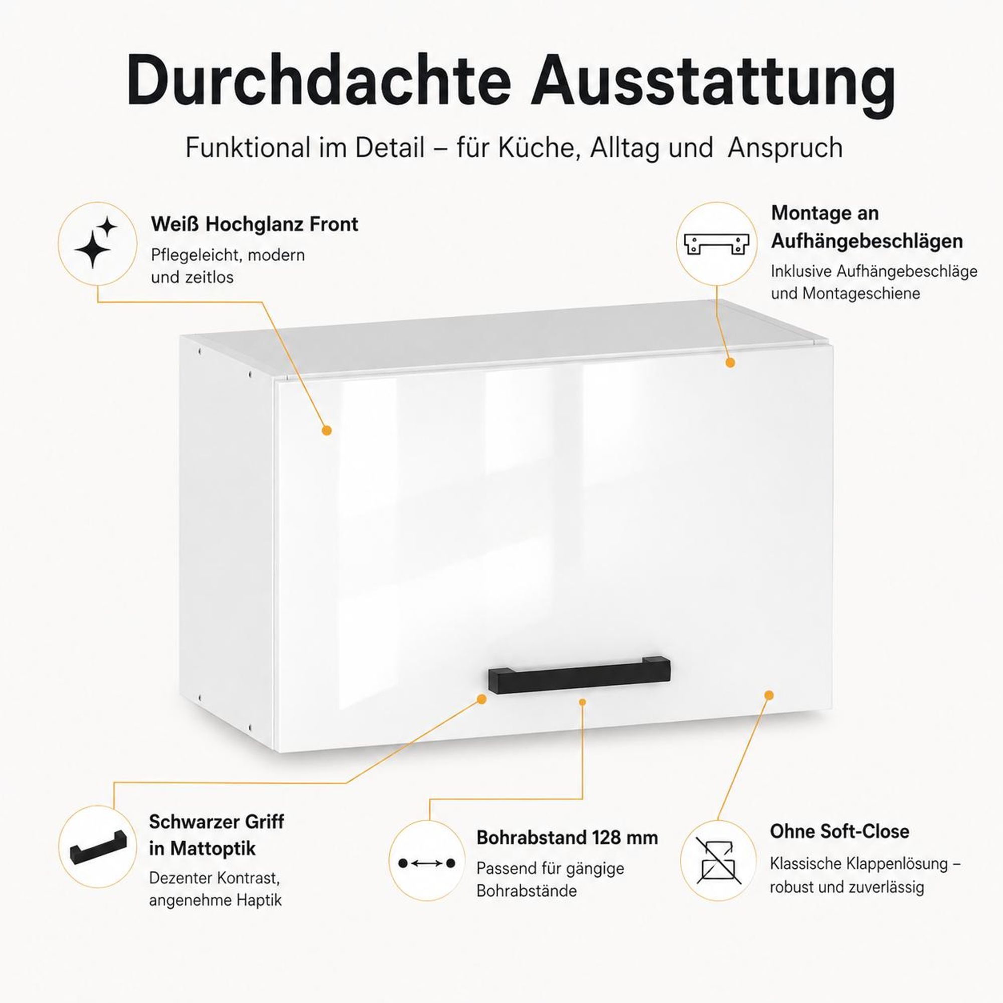 Küchen-Hängeschrank 50 cm Weiß Hochglanz: Montage per Schiene, Aufhängern & Klapptür.