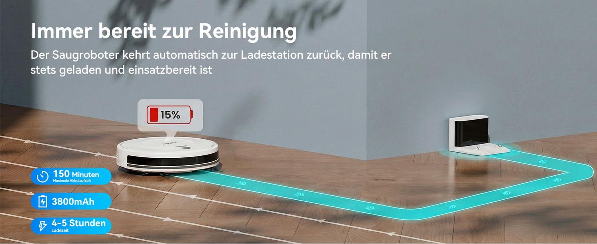 Staubsauger Roboter 10000Pa-Redkey E6 - Ultradünn & Leise, 150 Min Laufzeit, Ideal für Teppiche, Tierhaare und Hartböden, mit WiFi/Alexa/App-Steuerung
