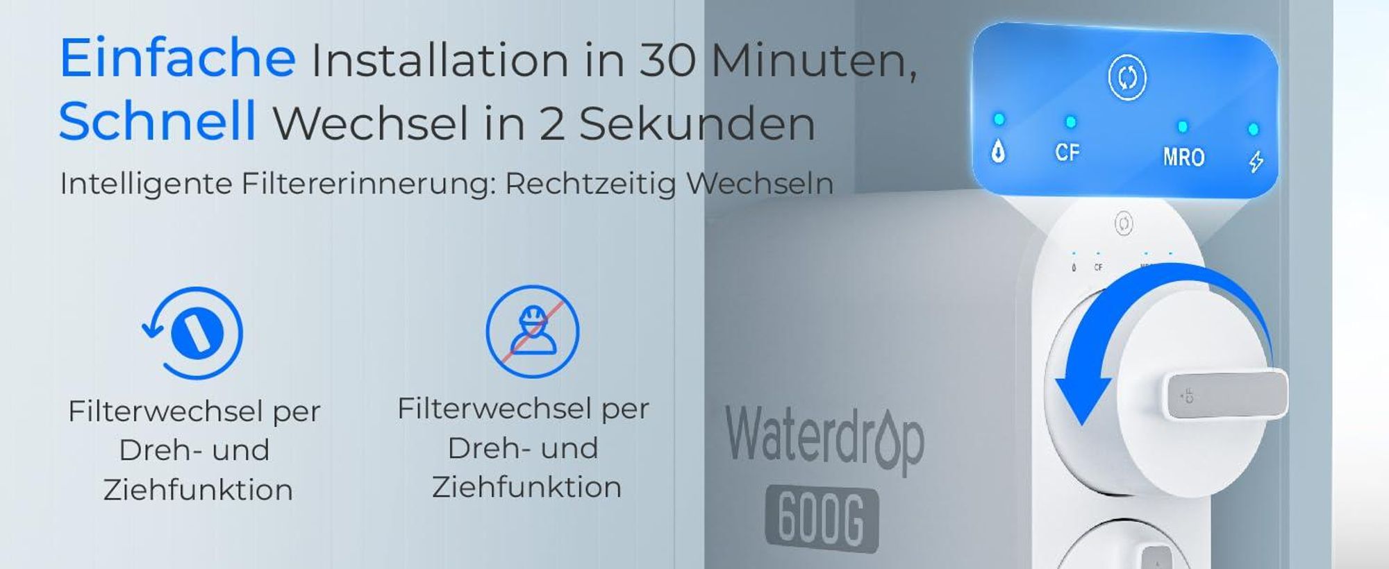 Waterdrop G2P600 Umkehrosmose-Wasserfiltersystem, 8000 Liter, 2:1 Reinwasser, Tanklos, Entkalkungsanlage RO System unter der Spüle
