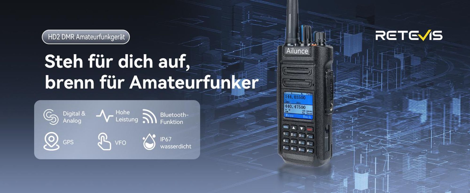 Retevis Ailunce HD2 Ham Radio, Langstrecken DMR Radio, GPS, 3200 mAh Akku, IP67 wasserdicht, Dualband-Amateurfunkgerät für Notfallrettung, Amateurfunk