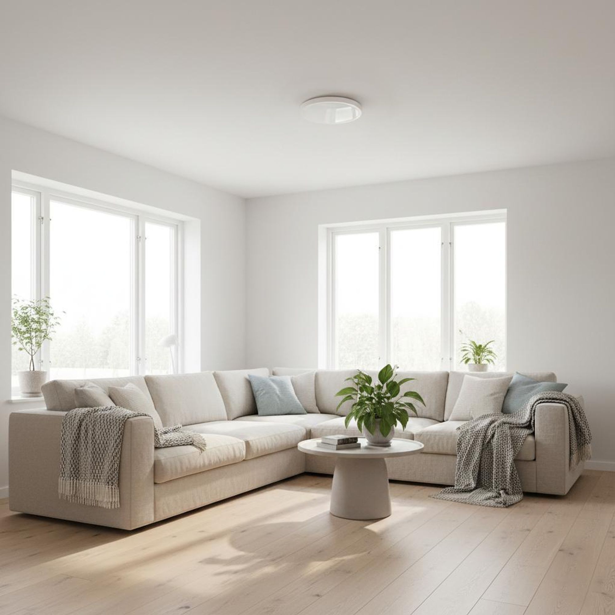 Komfortables Wohnzimmer mit installierter Deckenleuchte