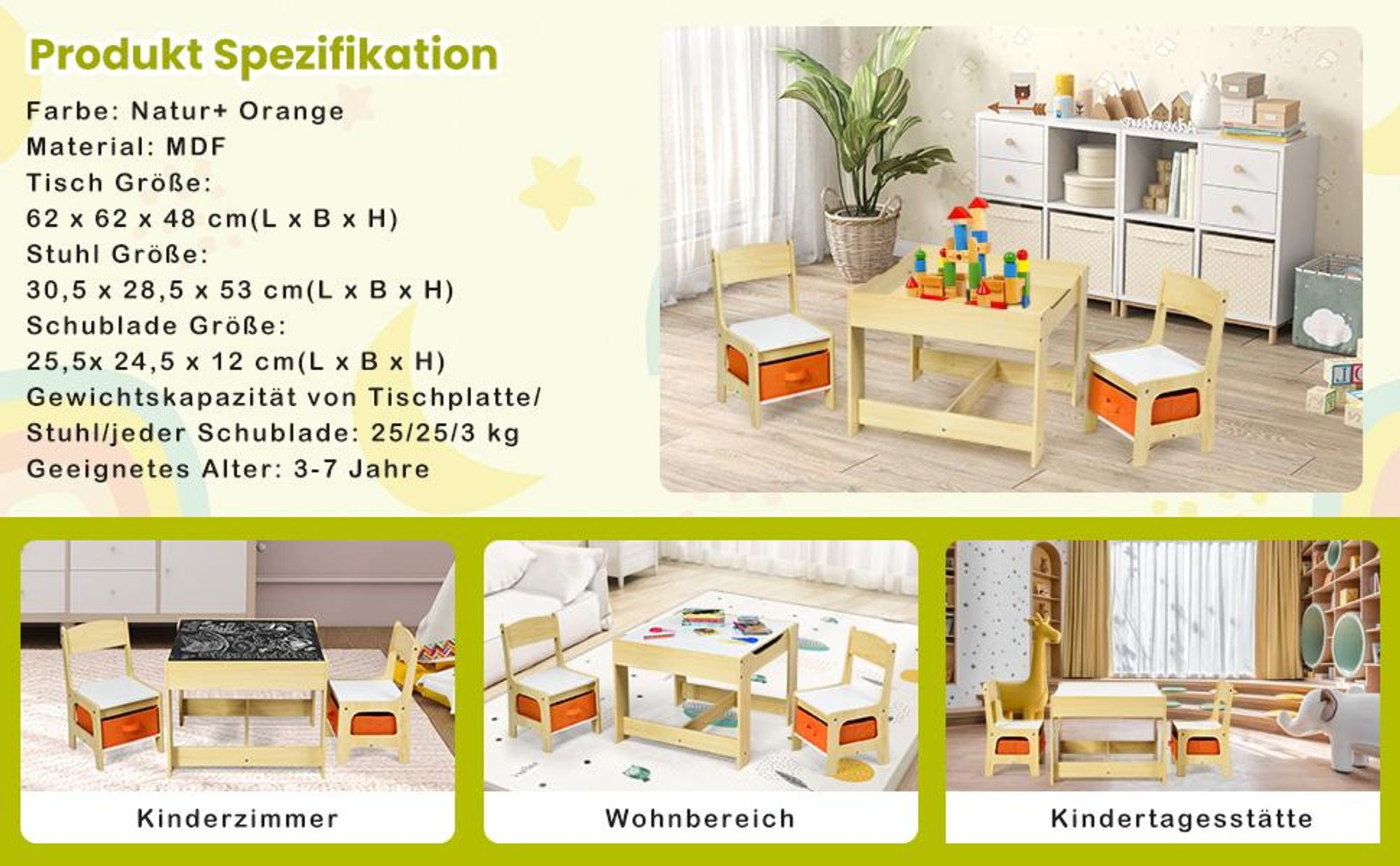 COSTWAY 3 TLG. Kindersitzgruppe, Kindertisch mit 2 Stühlen, Stauraum, Kreidetafel & Whiteboard, Kindersitzgarnitur für Kleinkinder von 3-7 Jahren