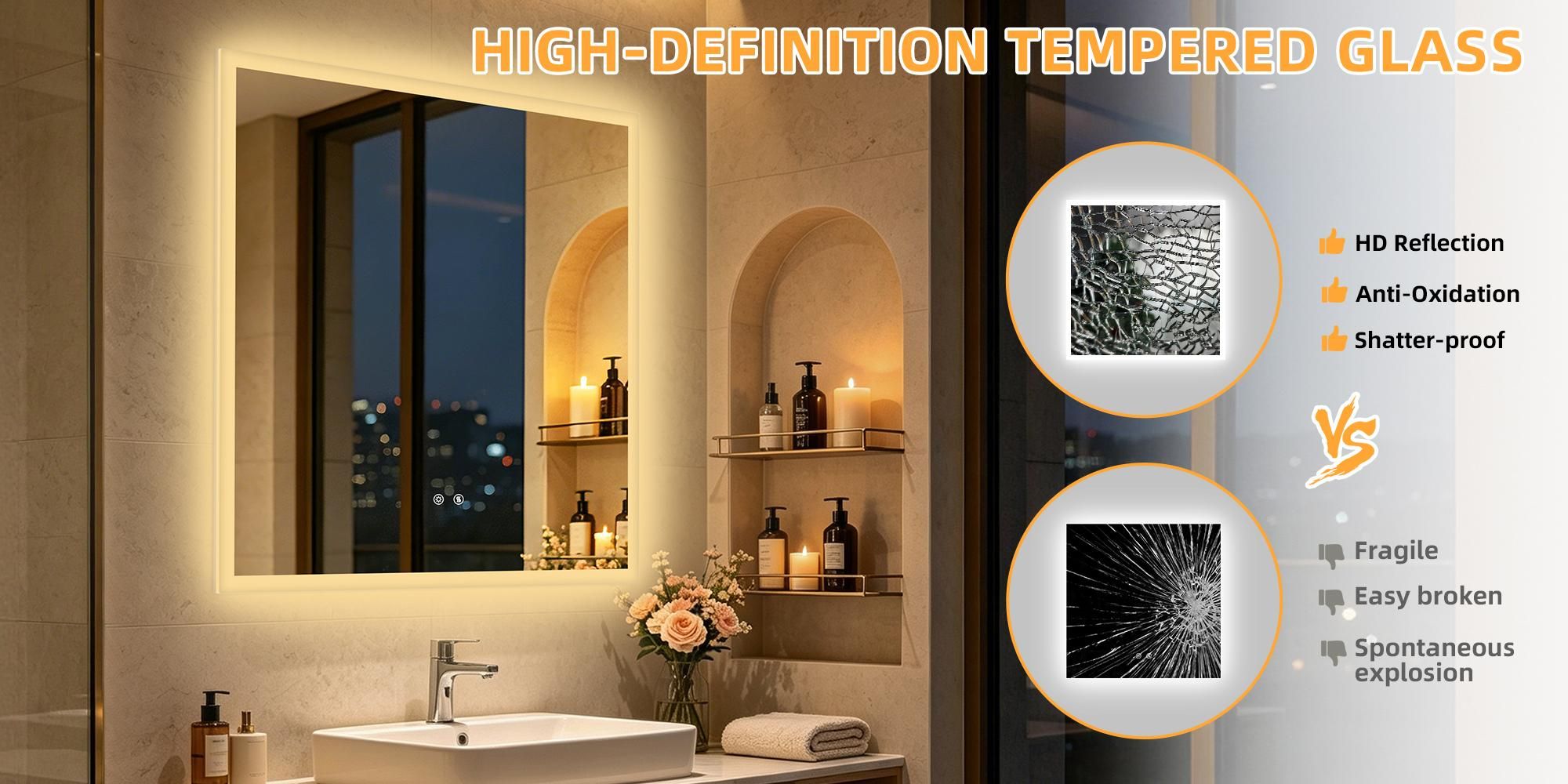 WISFOR LED Badspiegel mit Beleuchtung 80x80cm, Spiegel mit Beleuchtung CRI95+ Beschlagfrei Speicherfunktion dimmbar IP66