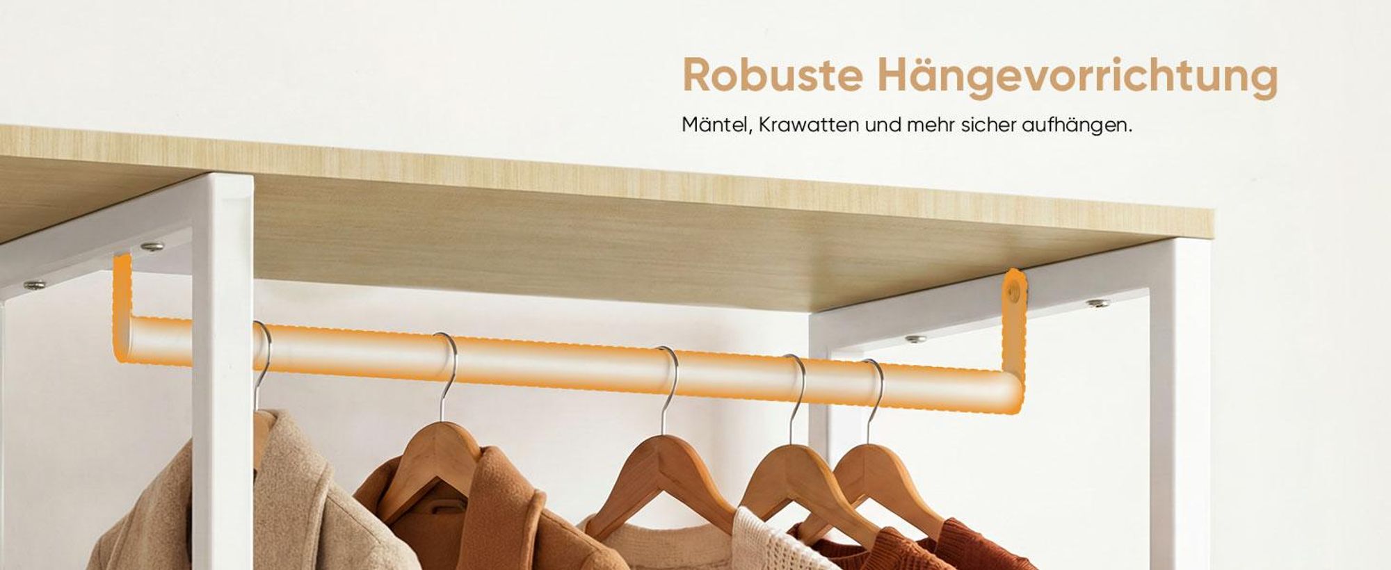 HOKEEPER Kleiderständer auf Rollen, fahrbarer Kleiderständer mit Schubladen, Kleiderstange, Jackenständer, Haken, offener Kleiderschrank, Beige