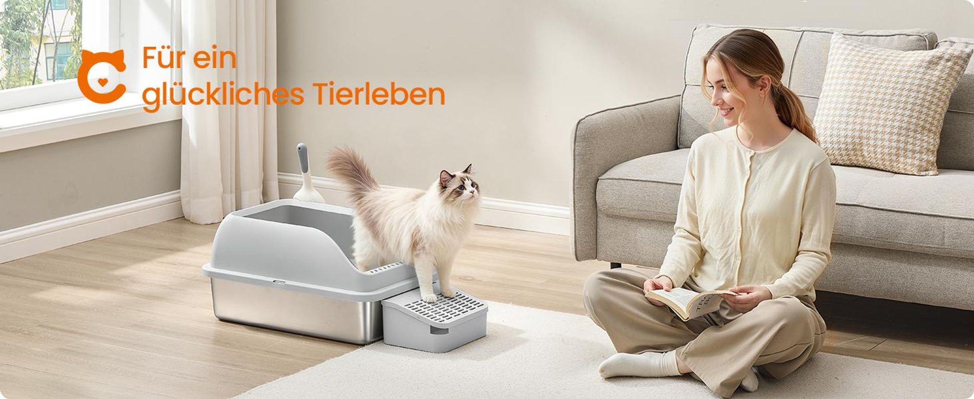 Feandrea Katzenklo Edelstahl, Katzentoilette, offenes Design, mit hohen Seitenwänden, Trittstufe, Schaufel, Bürste, für Katzen bis zu 15 kg