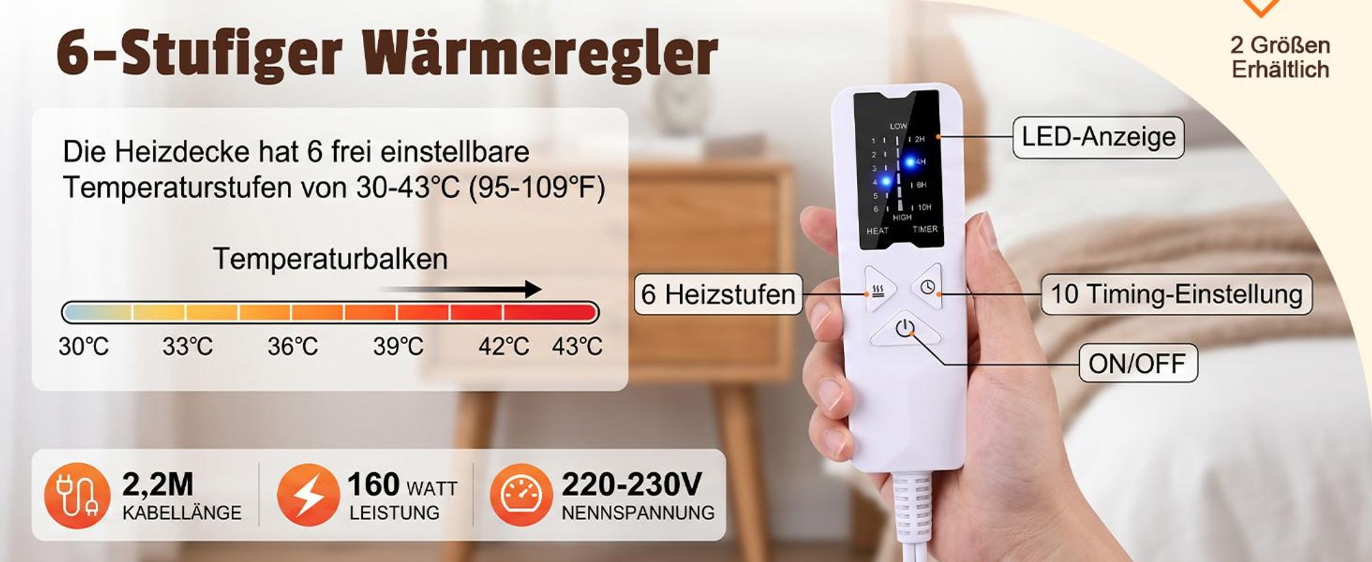 ZMH Elektrische Heizdecke 200x180cm Schwarz Kuschelheizdecke mit Timer 6 Temperatureinstellungen Wärmeunterbett Flanell Wärmedecke Fur Bett Sofa