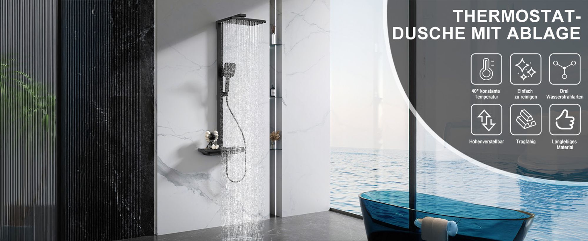 Homelody Duschsystem mit Thermostat und 395MM Ablage, Regendusche und Duschsteuerung,30cm Kopfbrause,Wasserablassfunktion unter Wasserfall