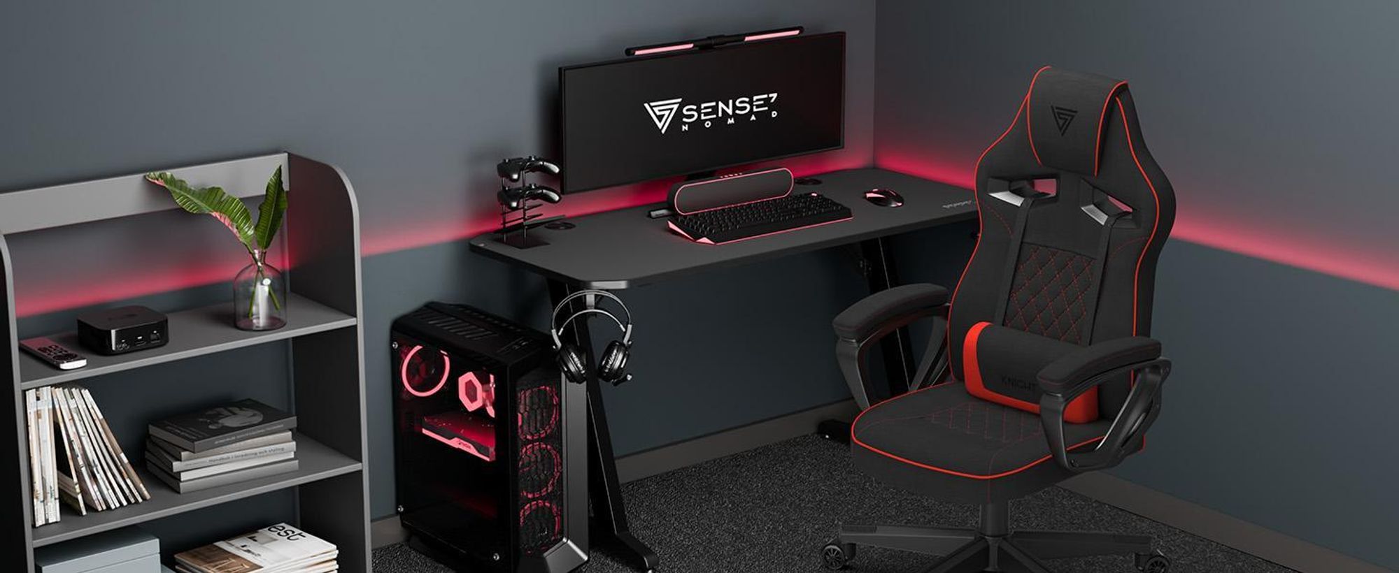 SENSE7 Knight Gaming Stuhl aus Stoff Schwarz-Rot - Ergonomischer Bürostuhl Schreibtischstuhl Stoff Computerstuhl Gamer Racing Stuhl 120 kg