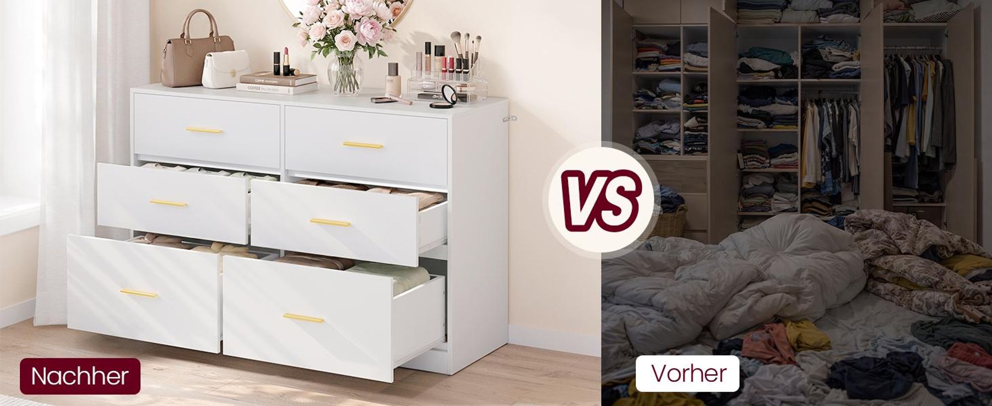 VASAGLE Kommode mit 6 Schubladen, Aufbewahrungsschrank, für Schlafzimmer, Wohnzimmer, 40 x 119 x 78 cm, weiß