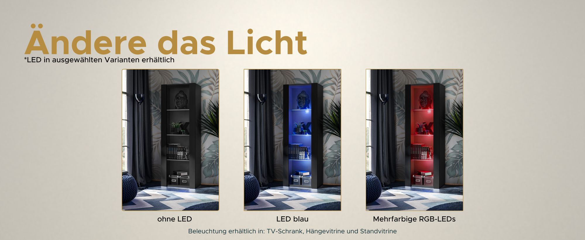 Komodee | Wohnwand mit TV-Schrank und Vitrine Tivoli Set Medio, Korpus Schwarz Matt Frontfarbe Schwarz Matt, ohne LED