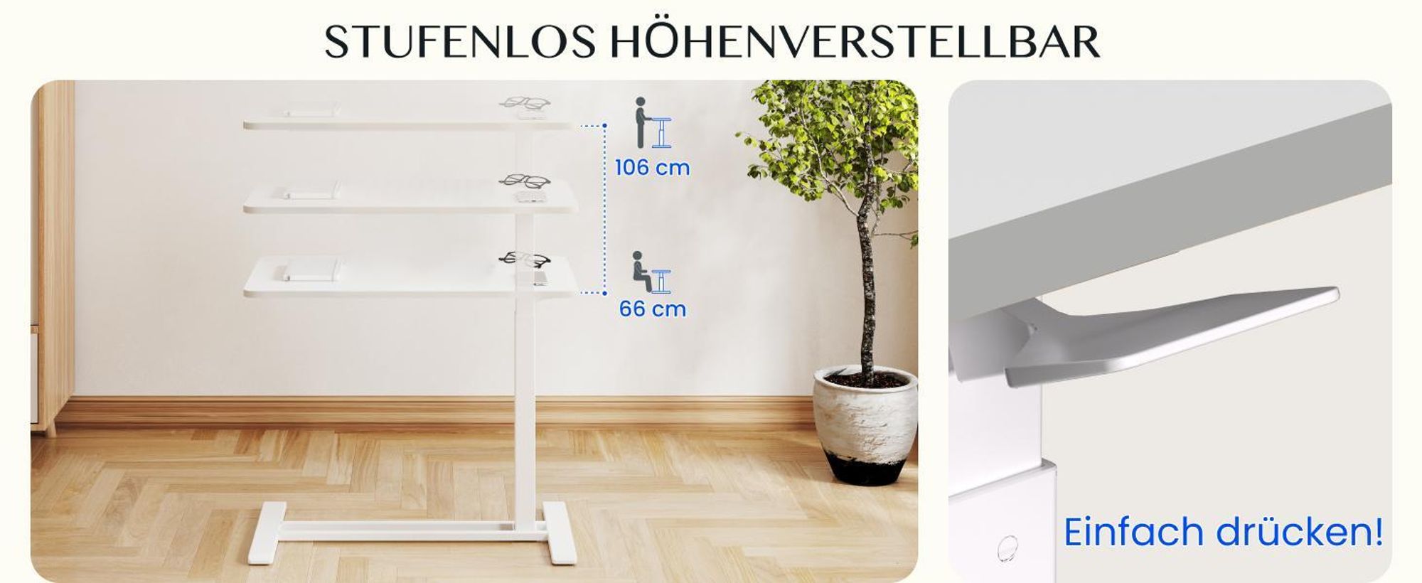 FLEXISPOT Schreibtisch, Beistelltisch Höhenverstellbar in C-Form, Laptoptisch mit Rollen, 66–106 cm, Nachttisch, für Bett und Sofa, Weiß