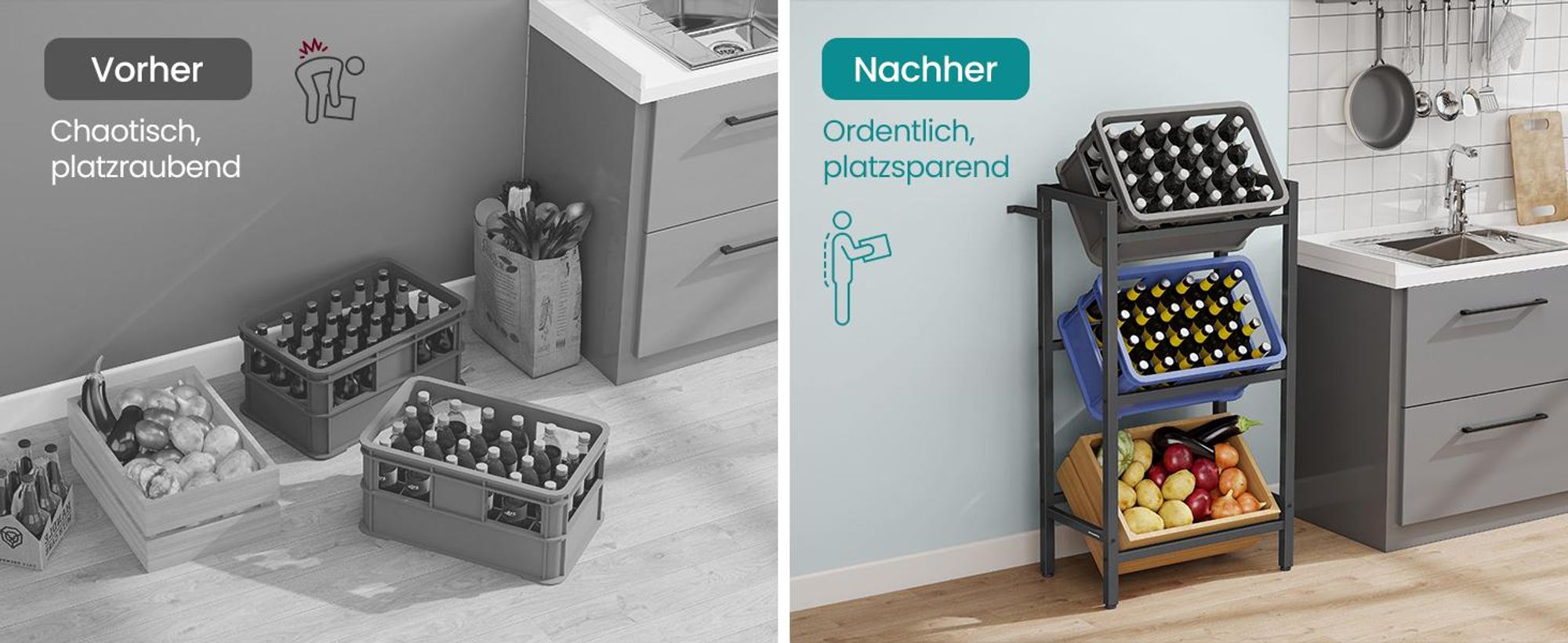 SONGMICS Getränkekistenregal, 3 Ebenen, für 3 Kisten, Aufbewahrungsregal, jede Ebene bis 150 kg belastbar, Stahl, Getränkeregal