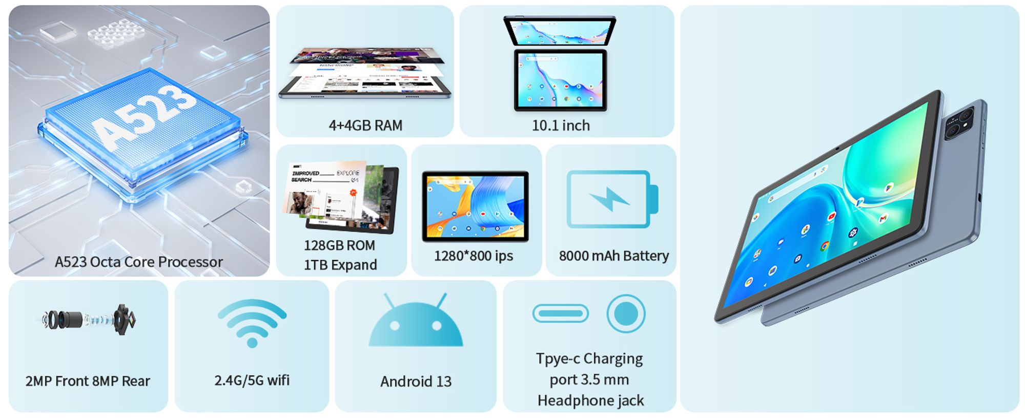 VASOUN Tablet 10 Zoll, Android Tablet Android 13, 5Ghz WiFi,128 GB Speicher, 8000 mAh, 2.0 MP+8.0 MP Kamera, GMS Zertifikat Tablet PC Octa-Core -Grün