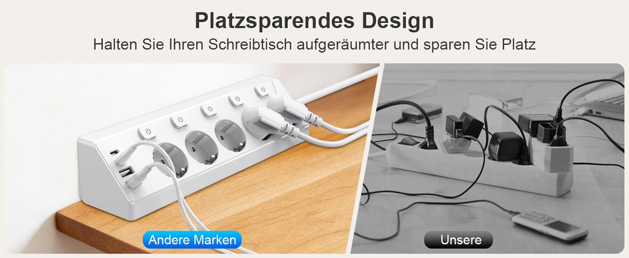 Steckdosenleiste, Steckdosenadapter, EU Steckdose, 5 Fach Mehrfachstecker, Verteilersteckdose, Tischsteckdose, mit 4 USB+2 USB C,2M Verlängerungskabel