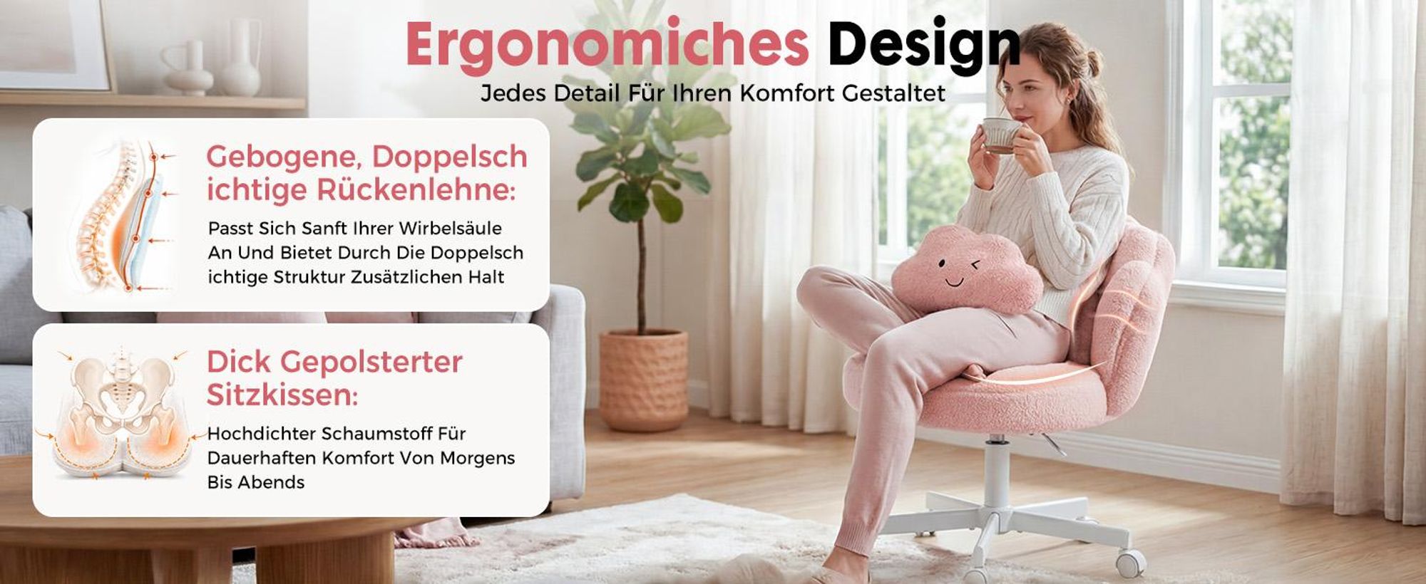 COMHOMA Bürostuhl Schreibtischstuhl, Schminkstuhl mit Rollen Doppelter Rückenlehne und Wolkenkissen, Höhenverstellbarer Drehstuhl, Teddystoff, ROSA