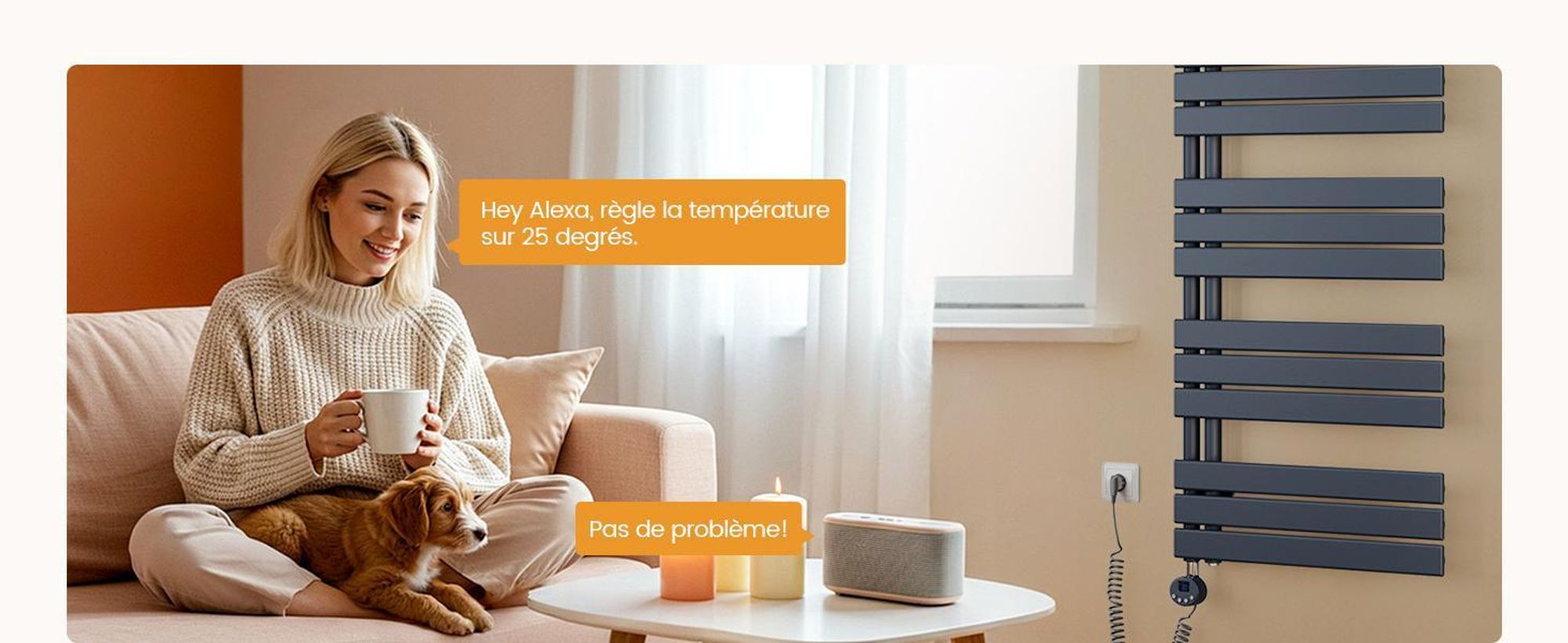 Radiateur de salle de bain EMKE électrique avecvia application Wi-Fi Thermostat Sèche-serviettes 1320 x 500 mm Anthracite Porte-serviettes 800 W Sèche-serviettes