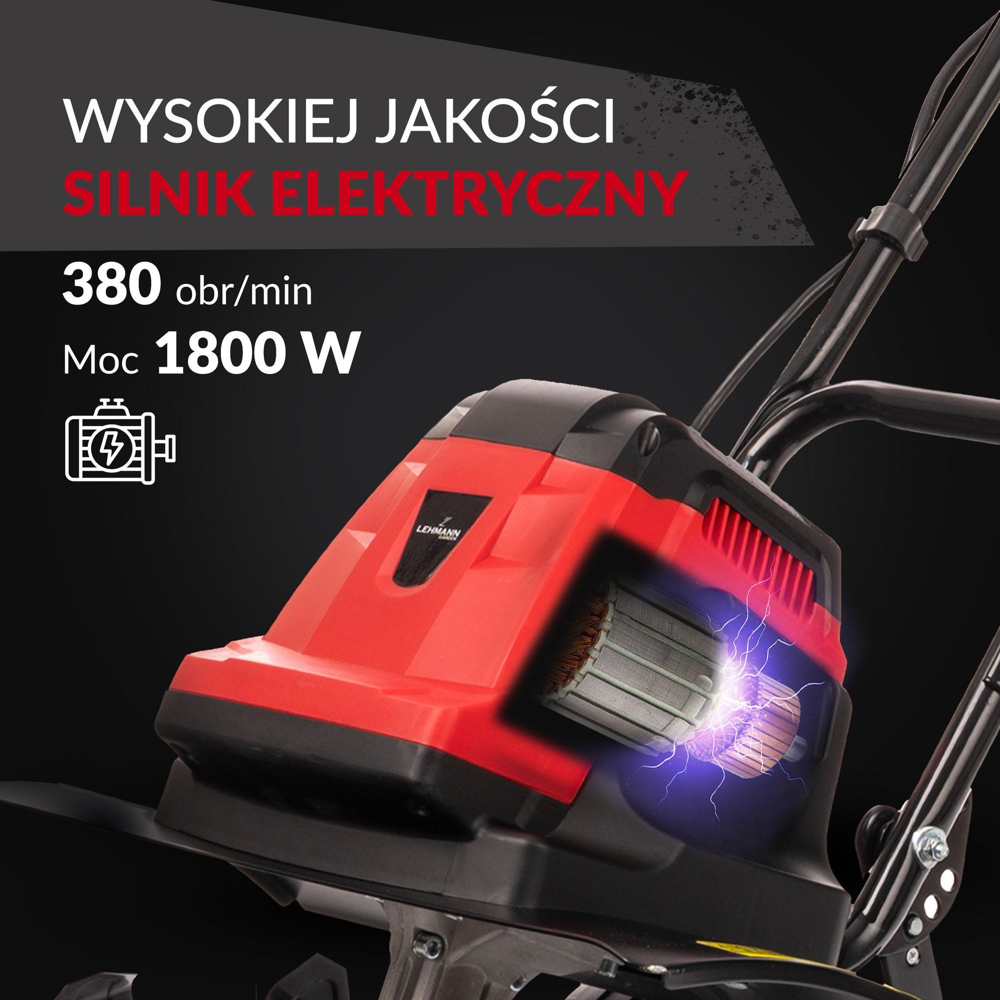 Glebogryzarka elektryczna LEHMANN GROUND, kultywator 1800W, szerokość robocza 45cm, miedziana przekładnia, regulowana głębokość, Ilość ostrzy: 24