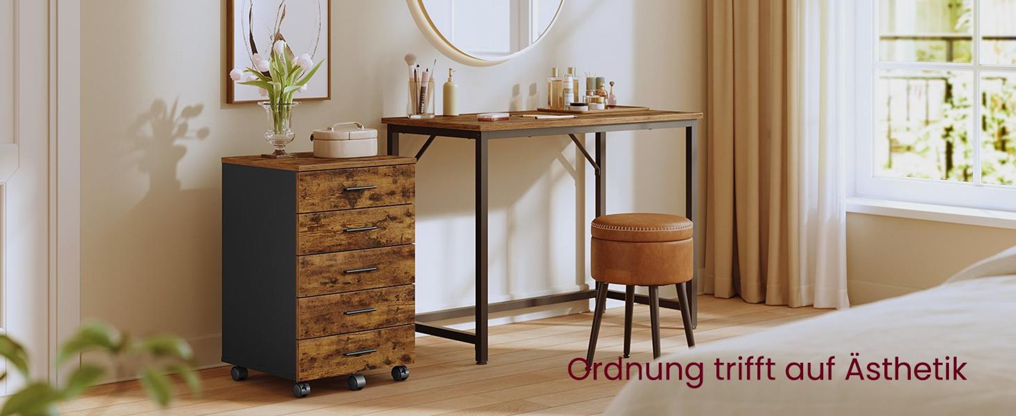 VASAGLE Rollcontainer, Aktenschrank, Schubladenschrank, Druckerständer, 5 Schubladen, mit werkzeuglosen Gleitschienen, braun