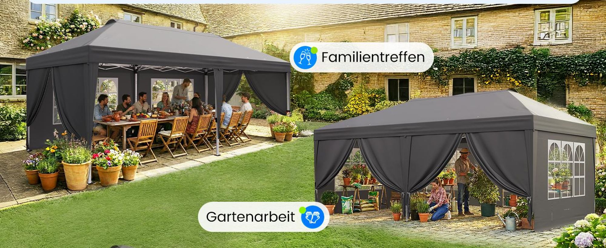 Quictent 3x6m Faltpavillon, Pavillon EIN-Tasten-Zentralverriegelung, faltbar mit 6 Seitenwänden, UV-beständig, Gartenpavillon mit Abflusslöchern ,Grau
