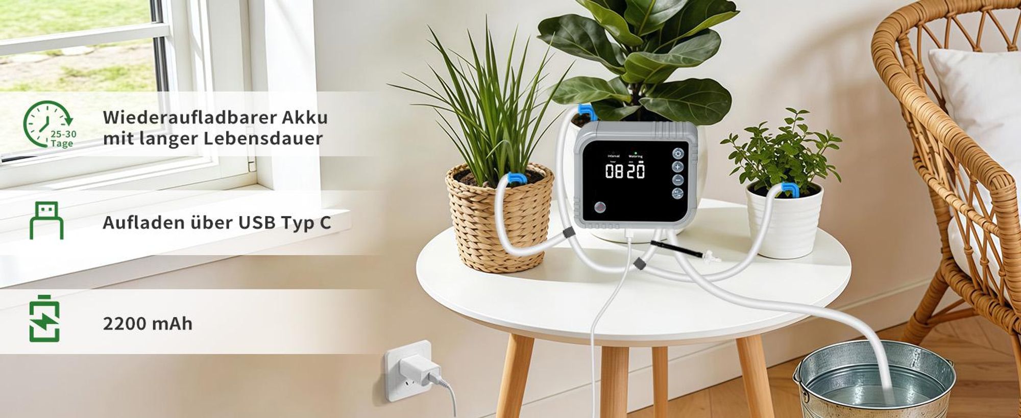 Bewässerungssystem Automatische bewässerung für Indoor, mit LCD-Display für bis zu 15 Topfpflanzen,Tropfbewässerungsset mit 350,Type-C aufladbar