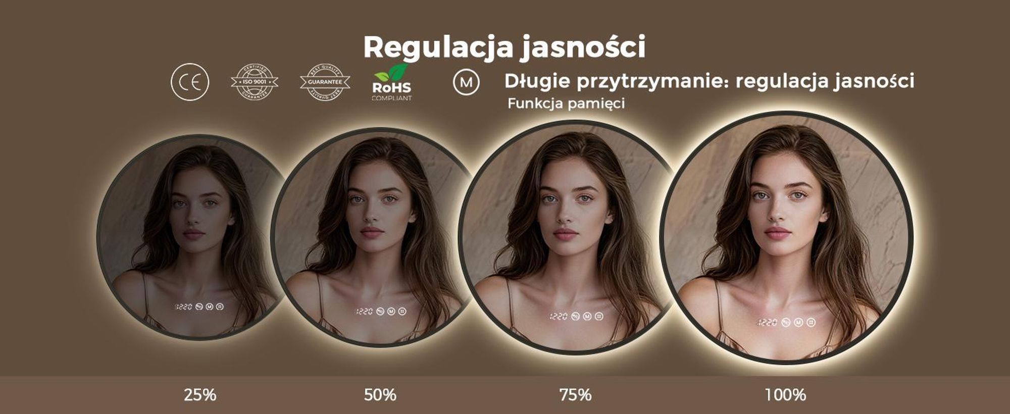 S'AFIELINA Lustro Łazienkowe LED 80 cm, Okrągłe, Czarna Rama, 3 Barwy Światła, Regulacja Jasności, Antypara, Zegar, Wyświetlacz Temperatury