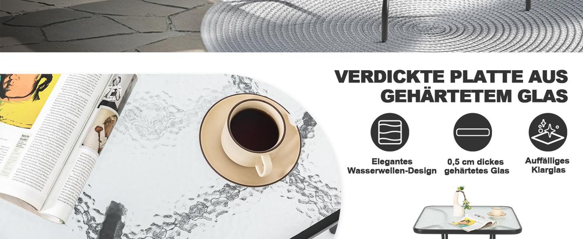 Gartentisch mit Tischplatte aus gehärtetem Glas, Schwarz