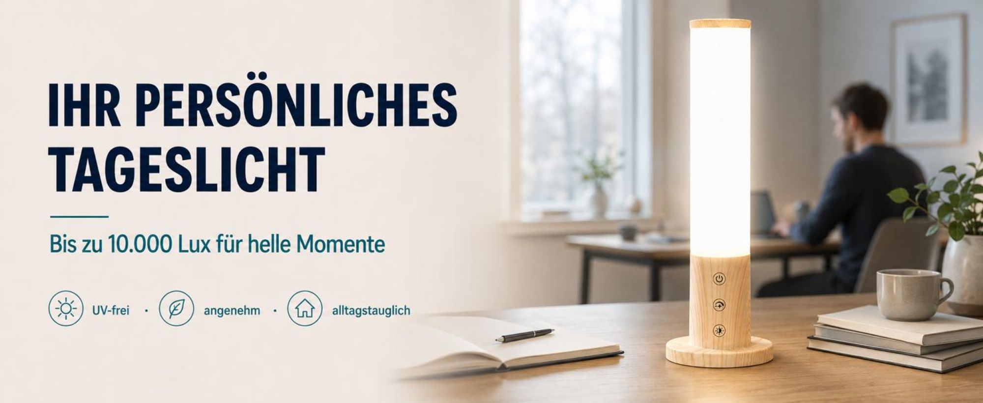 Lichttherapielampe 10000 Lux, 360° Tageslichtlampe in Holzoptik für den Schreibtisch, UV-frei, 3 Farbtemperaturen, 5 Stufen & stufenlos dimmbar, Touch