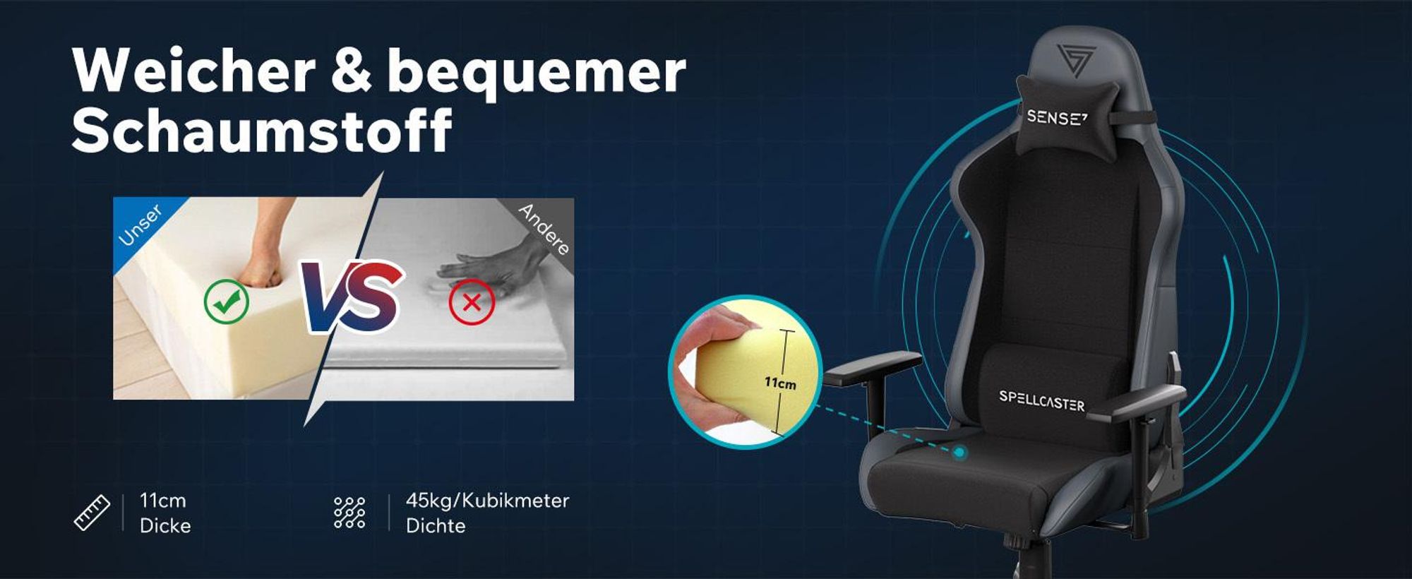 Sense7 Spellcaster FUKU Gamingstuhl, Gaming Sessel, Bürostuhl, Ergonomisch Schreibtischstuhl, Drehstuhl mit Kopfstützen bis zu 120 kg, Stoff, Schwarz