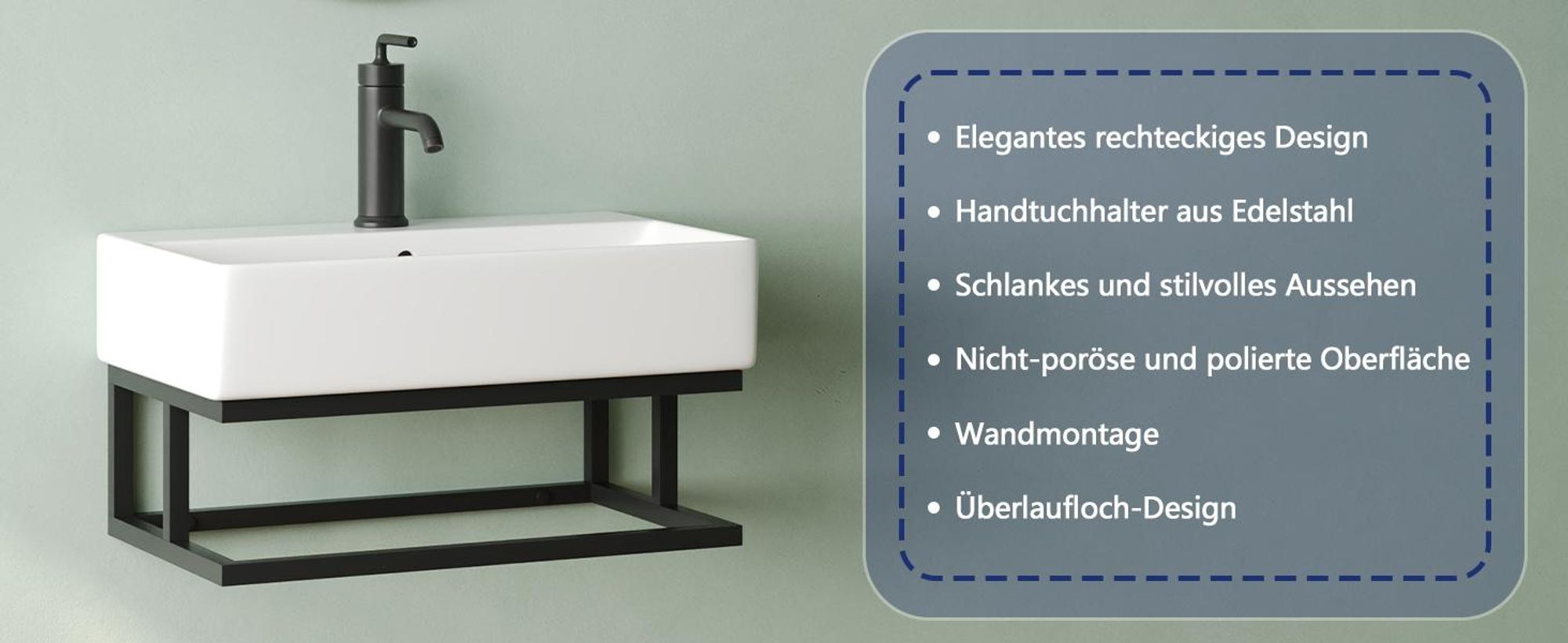 DeerValley Modernes Wand Waschbecken Mit Schwarzem Handtuchhalter – Weißes Keramik Aufsatz Waschbecken Für Gäste WC & Kleines Bad