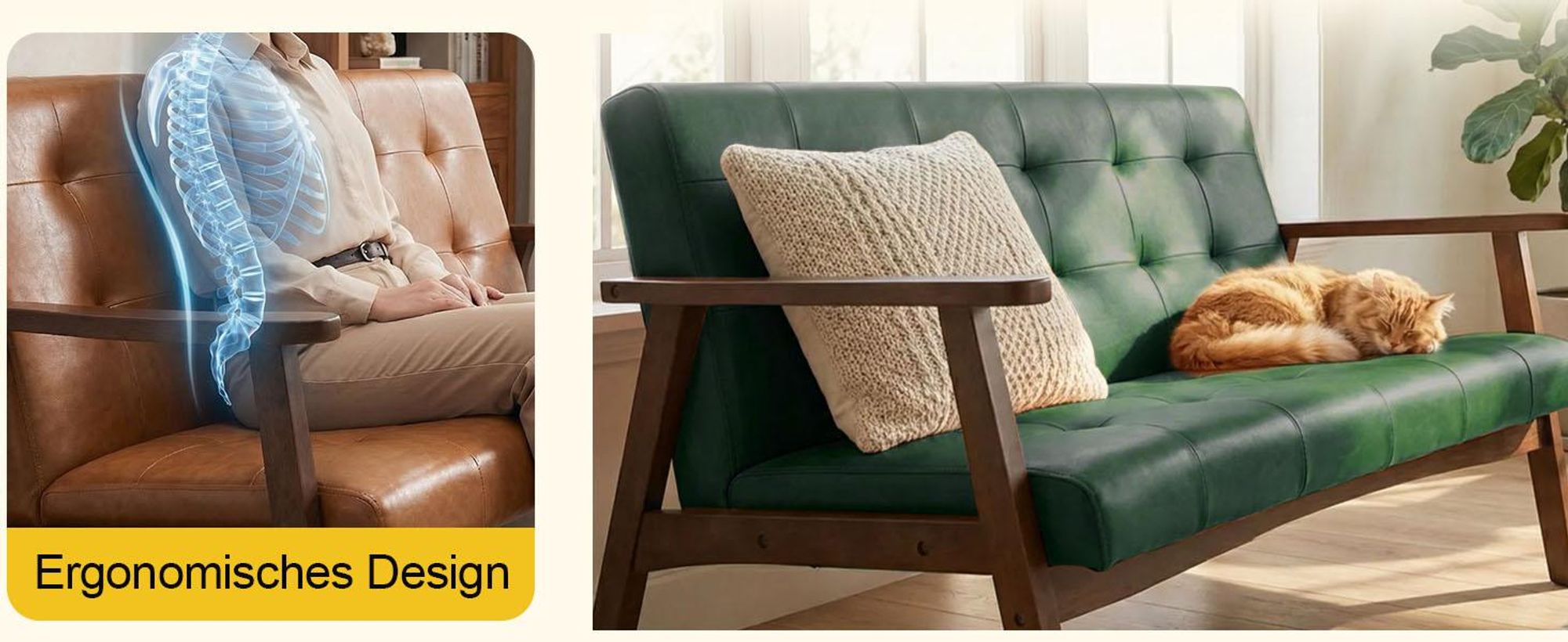 2-Sitzer skandinavisches Sofa aus Kunstleder, mit Armlehnen, Massivholzrahmen, für Wohnzimmer/Schlafzimmer/Büro, Traglast 240 kg, 124×74×75 cm, Dunkel