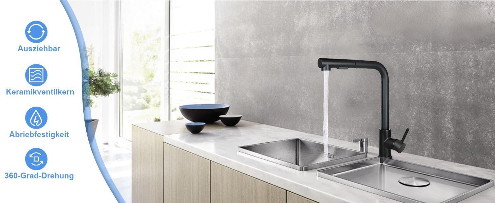 ZMH Wasserhahn Ausziehbar Küchenarmaturen Schwarz Mischbatterie mit Brause Spültischarmatur 360° Drehbar Armatur Edelstahl mit 2 Strahlarten