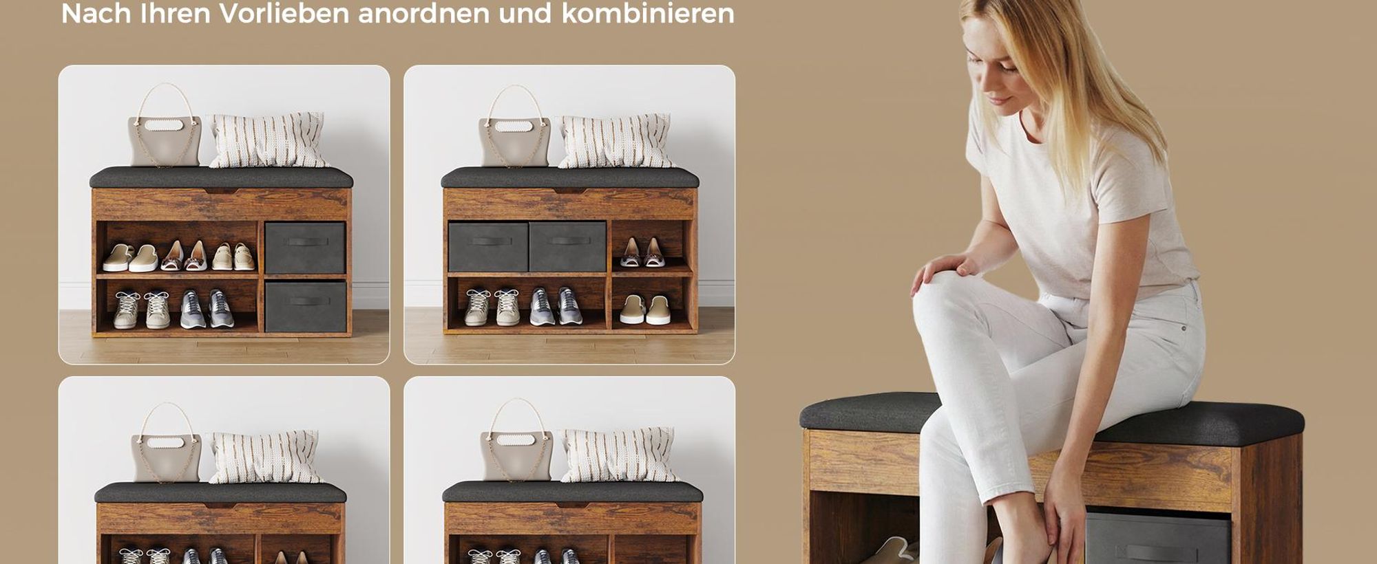 Mondeer Schuhbank mit Sitzfläche, Holzschuhablage mit Stoffschublade und Aufklappbarem Kissen, für Wohnzimmer, 80 x 48 x 30 cm, Braun & Schwarz