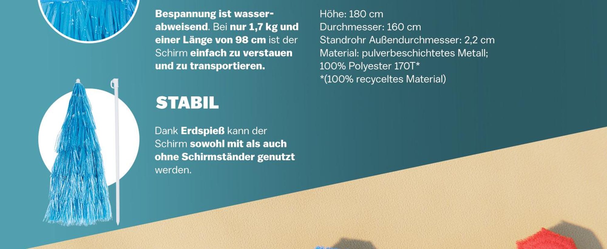 KINGSLEEVE® Sonnenschirm Hawaii Ø160cm Neigbar Höhenverstellbar UV Schutz 30+ Groß Rund Balkon Strand Strohschirm Strandschirm Bast Hawaiischirm Blau