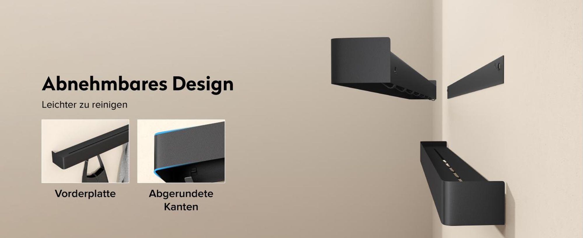 doporro Wandgarderobe mit Ablage, Garderobenleiste 80 cm mit 8 Garderobenhaken, Kleiderhaken Wand ohne Bohren (Kleben) Sandschwarz, Reglo-05