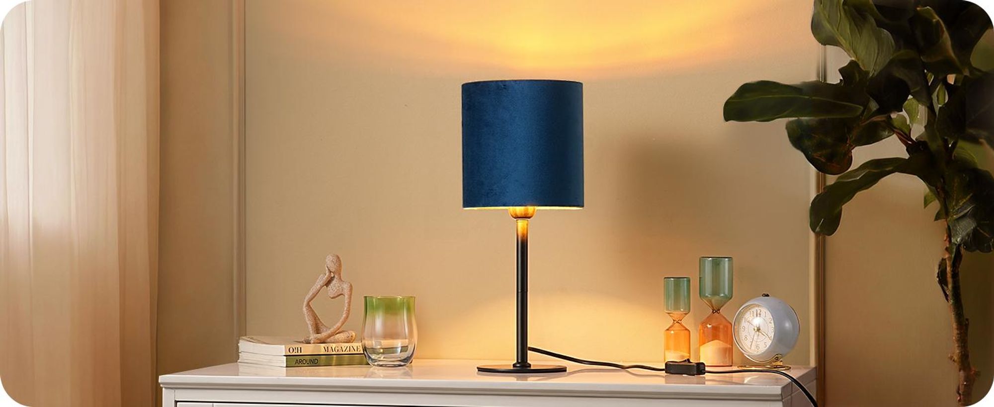 EDISHINE Nachttischlampe, moderne Tischlampe mit schwarzem Metallsockel und dunkelblauem Samt-Lampenschirm, inkl. 2700K LED Leuchtmittel