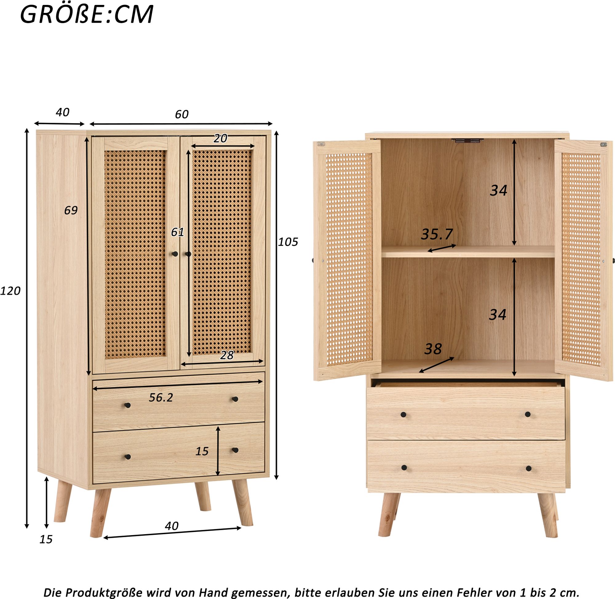 Merax Kommode Highboard mit 2 Türen Rattangeflecht und 2 Schubladen, Sideboard aus Holz Stehschrank, 60x40x120cm, Eiche